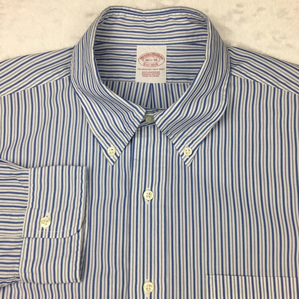 Brooks Brothers Dress Shirt Mens 16.5-35 Blue/White Stripes Long Sleeves